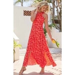 Soft Surroundings Kalani Halter Maxi Dress Red Hibiscus Large Tropical